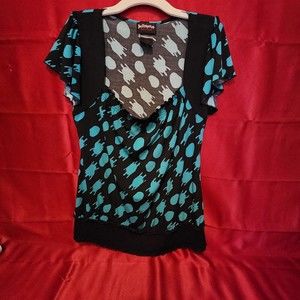 HOT TEMPERED Size Large Short Sleeve Blouse Black Green Polka Dot Stretch Dress